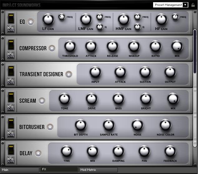 FX Rack Momentum includes a custom FX rack with MIDI-learnable controls (right-click to learn). Pressing the (*) button next to each effect will Randomize the FX parameters.