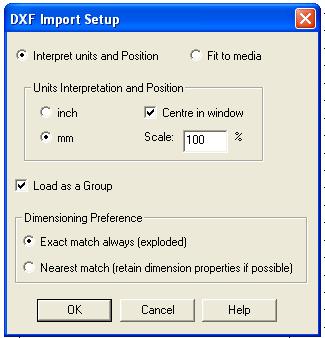 Before importing the DXF file set the working area within the 2D Design program to the actual size of the bed on the Techsoft MDX40 machine.