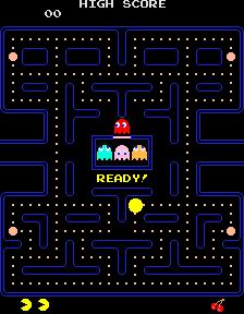 Figure 1: A screenshot of the original PACMAN. slowly when Pac-Man eats an energizer. When a ghost is eaten, its eyes return to the ghost pen where it is regenerated in its normal color.