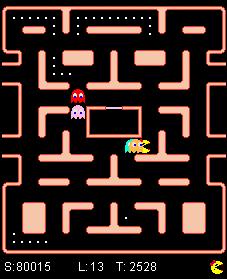 A decision to go left may lead to a loss of life for Pac-Man in all playouts, whereas a choice to go down is a determined to be safe in every playout.