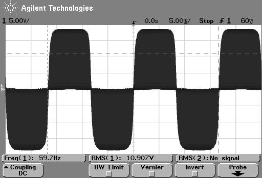 3c. View Output VAB in the Linear Region With Vcont 2 Vrms, ratio ma will be less than one and thus in the linear region. Remove your channel 2 scope probe, and move channel 1 over to view output VAB.