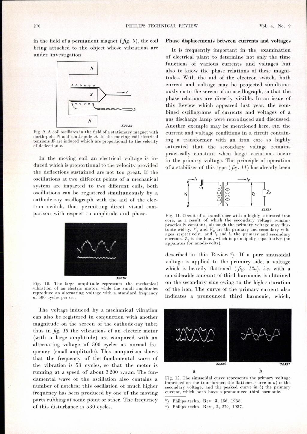 270 PHILIPS TECHNICAL REVIEW Vol. 4, No. 9 in the field of permnent mgnet (fig. 9), the coil eing ttched to the oject whose virtions re under investigtion. Fig. 9. A coil oscilltes in the field of sttionry mgnet with north-pole N nd south-pole S.