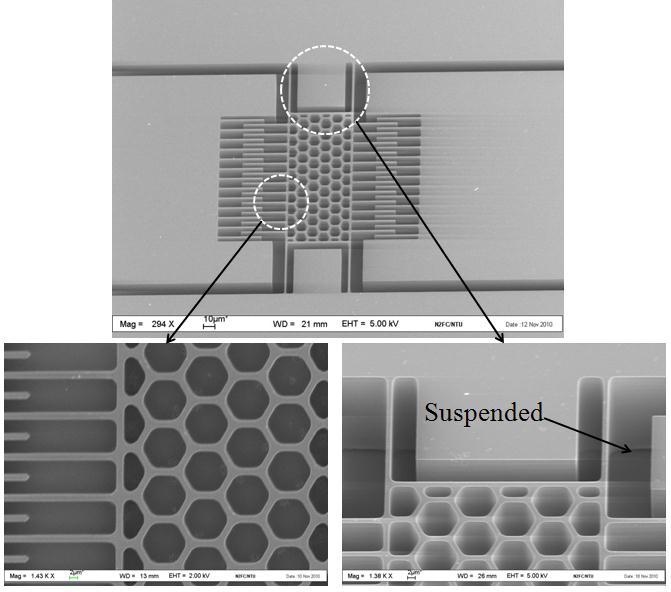 Figure 4. SEM micrograph of the suspended MEMS accelerometer. C. Hermetic Test The cross-sectional SEM image of two bonded nonfunctional chips is shown in Fig. 8.