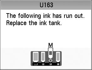 An error message may be displayed on the LCD during printing. Ink has run out. See The following ink has run out. Replace the ink tank.