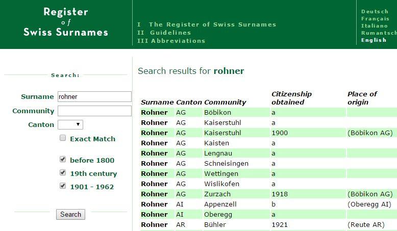 o Under the section Research Tools, click on the second link. Using the Register of Swiss Surnames: The image below shows a typical search result.