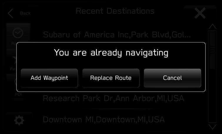 ROUTE GUIDANCE EDITING ROUTE 1. Select the next street name. ( P.180) 2. Select (Turn List). 3. Select. 4. Select next to the desired item to be deleted. ADDING DESTINATIONS 1.