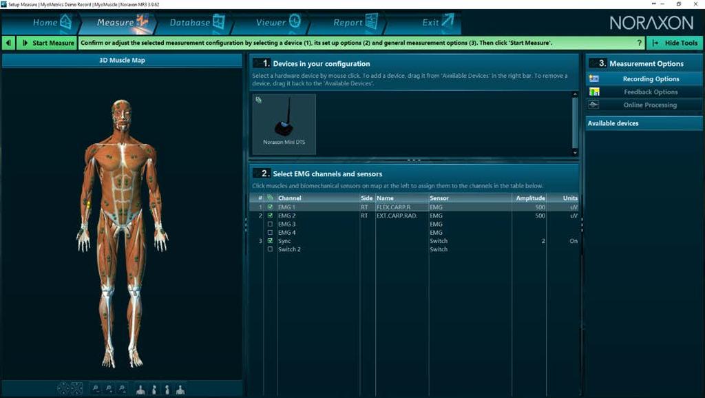 Here, the user can select which muscles are to be measured for EMG signals.