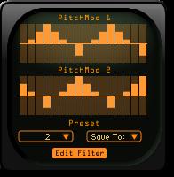 The wave of either PitchMod element can be chosen in the pulldown menus. The number of steps is controlled by the Steps knob in the Animation Panel.