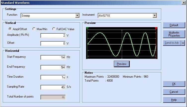 How to... Sweep Wave File> Standard Waveform To create a standard waveform select File> Standard Waveform. Figure 4-28: Creating a Sweep wave To create a sweep wave, follow these steps: 1.