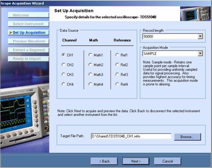 How to... Figure 4-51: Setting up an acquisition using the Scope Acquisition Wizard Click Next to connect to the selected instrument and display the Set Up Acquisition screen.