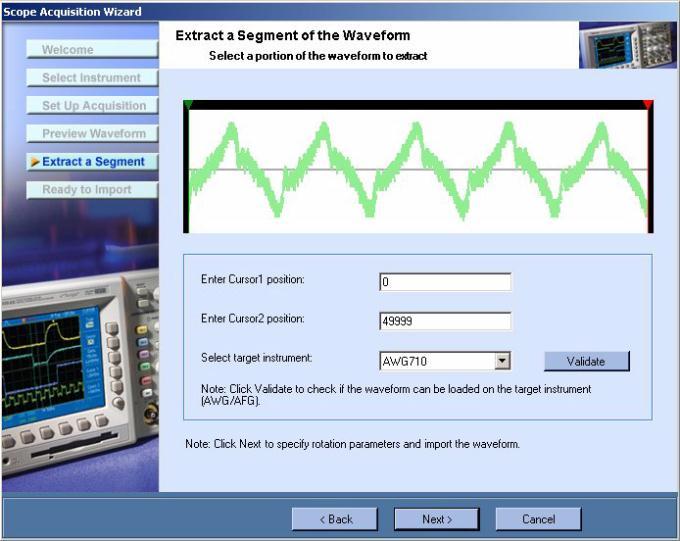 How to... Figure 4-54: Extracting a segment of the waveform using the Scope Acquisition Wizard To extract a segment of the waveform, do the following: a. Enter the position of Cursor1. b.