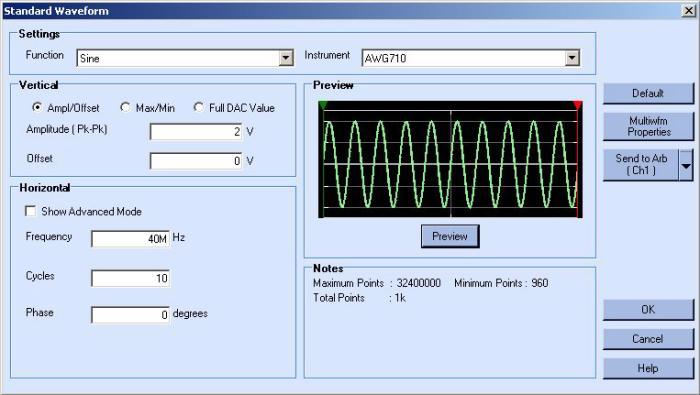 How to... Sine Wave File> Standard Waveform To create a standard waveform select File> Standard Waveform. Figure 4-5: Creating a Sine wave To create a sine wave, follow these steps: 1.