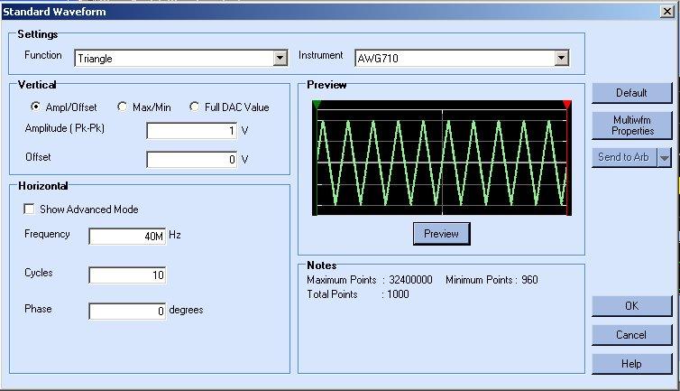 How to... Triangle Wave File> Standard Waveform To create a standard waveform select File> Standard Waveform. Figure 4-11: Creating a Triangle wave To create a triangular wave, follow these steps: 1.