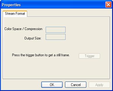 4.1.2.Image File Setting The image file format and size can be changed in the Options -> Still Capture Pin setting. Fig.10 Still Capture Pin window The Snap Shot button in this menu is not active.