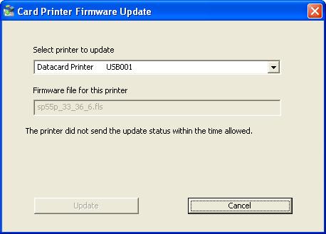 How will I know if the firmware update has NOT been successful? The printer will not reset and you will receive an error message similar to the below snapshot.