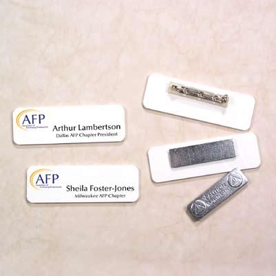 AFP-05 Name Badges 3" x 1" white polymer name badges with magnetic bar back.