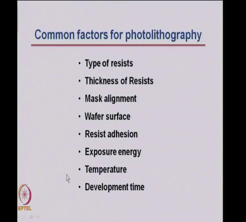 (Refer Slide Time: 23:08) Common factors for photolithography: There are different types of resist.