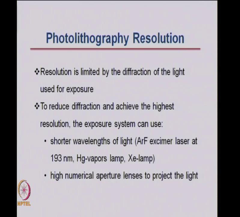 (Refer Slide Time: 35:19) The resolution of such a photolithographic process is limited, mainly by the diffraction of the light used for exposure.