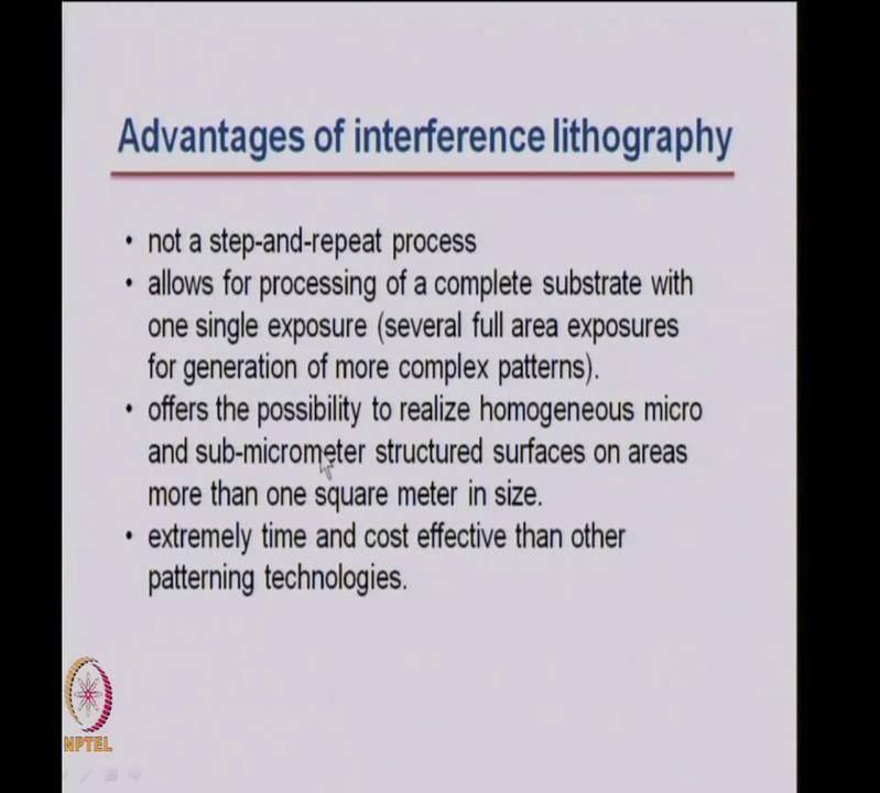(Refer Slide Time: 53:53) The advantages of interference lithography are that, it is a one step process. It is not that you have to repeat steps after steps.