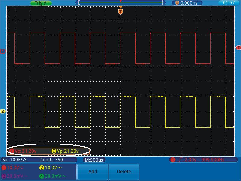 Operation Steps: Press the Autoset button and the oscilloscope will automatically adjust the waveforms of the two channels into the proper display state. Press the Measure button.