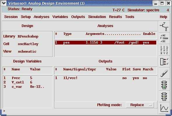 Action4-9: Action4-10: In the schematic, select the Vcc terminals. The Outputs section of the analog design environment window must display, I1/vcc! with the Save column set to yes.