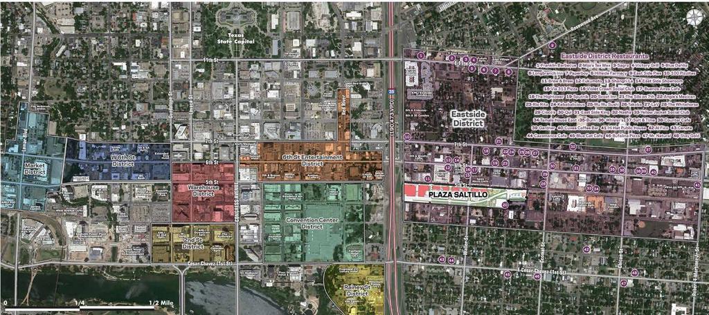 Aerial: Downtown Districts & East Austin Restaurants Occupying 10 acres in East Austin,