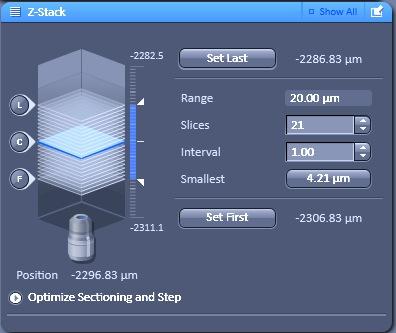 Acquiring a z-stack 1. Check the Z-STACK box 2. Click LIVE 3.