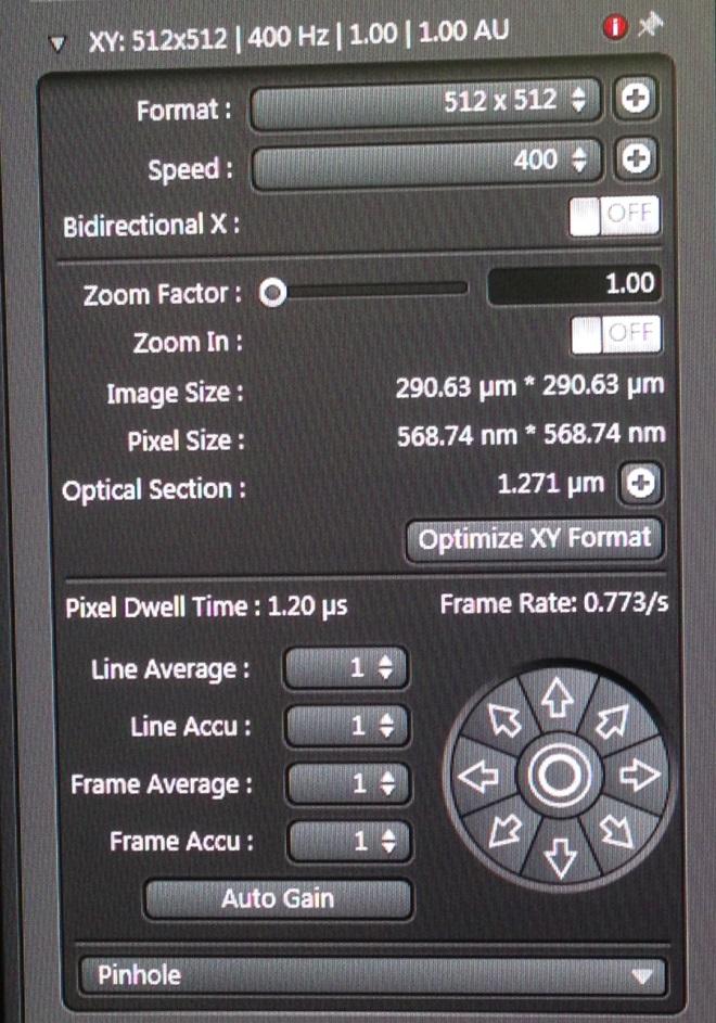 9) Once you are ready to capture an image, check that the pinhole size is 1 Airy unit, set a line or frame average, and optimize the pixel size: Should be 1.00 AU.