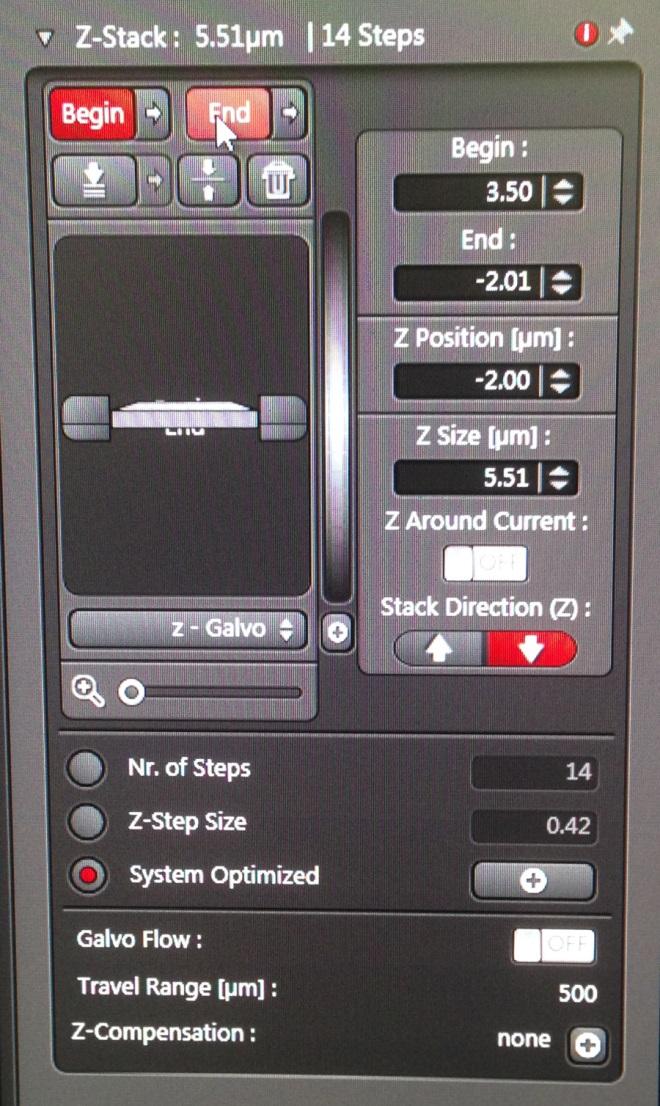 Make sure that System Optimized is selected, this will adjust the z step size to the optimum for the objective used and select the appropriate number of steps.