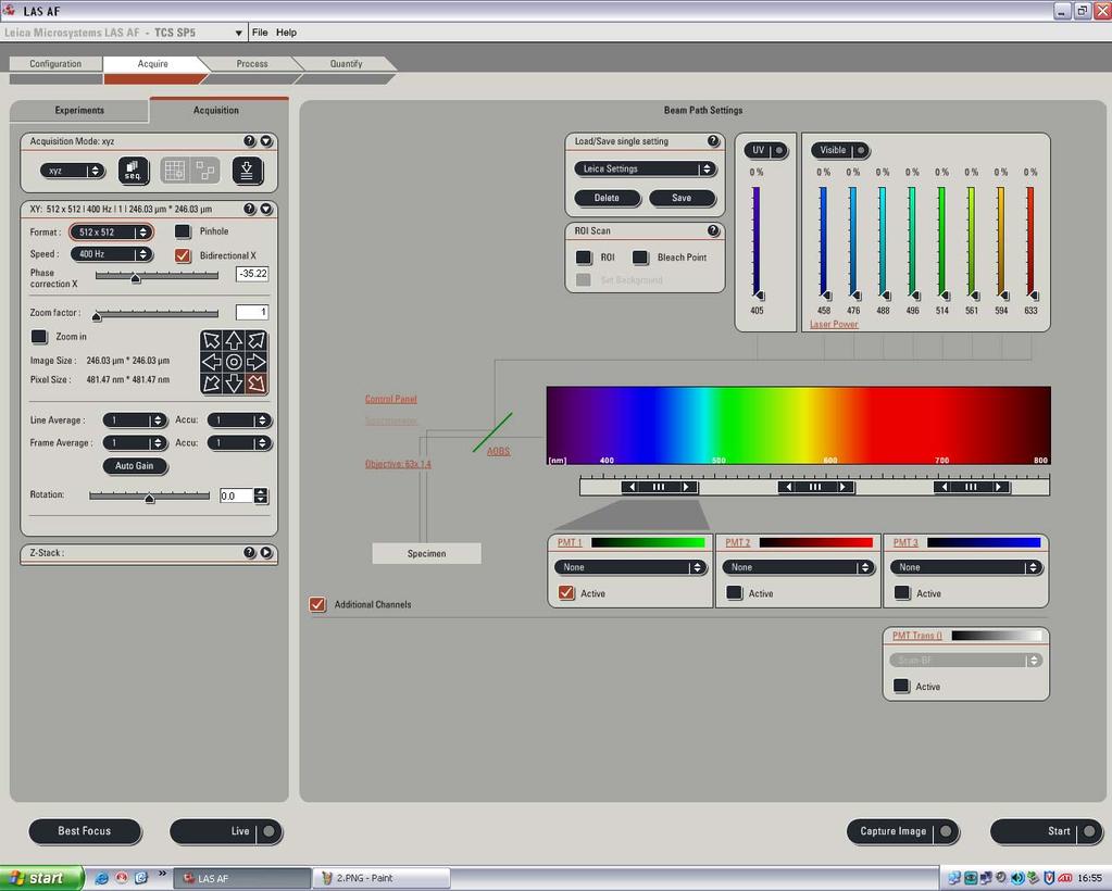 General software interface Fig. 1 View experiment folder Selecting a flurophore from Select method AOTF sliders control the list to brings up an emission spectra for reference only.