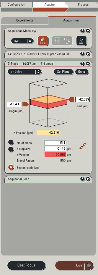 Setting up a Z-stack 1) Open up Z-stack window by clicking arrow top right 2) Set upper and lower limits of the z position for your sample: Click [Live] and adjust the z position dial until you reach