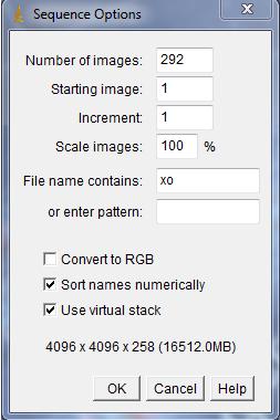 Figure 6. Open File Sequence Options Define a file name pattern that is unique to the image set that is to be processed.