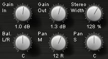 (top row): Gain In: Input Gain adjustment for both channels (L/R or M/S). Gain Out: Output Gain adjustment for Master Out (L/R).