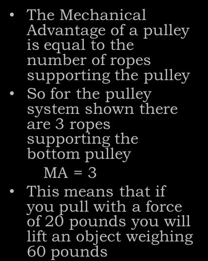 Mechanical Advantage: Pulley The Mechanical Advantage of a pulley is equal
