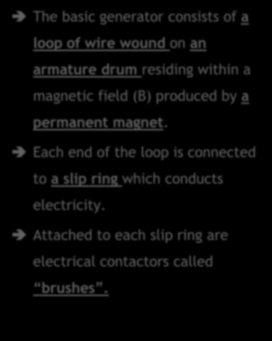 6.5 Single and Three Phase Generators 6.5.1 Basic Generator The basic generator consists of a loop of wire wound on an armature drum residing within a magnetic field (B) produced by a permanent magnet.