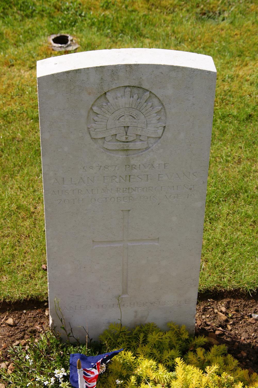 Photo of Pte Allan Ernest Evans Commonwealth War Graves Commission headstone at Compton