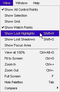 Loss of detail in highlights or shadows that exceeds +2 or 2 EV, respectively, cannot be recovered. Select Show Lost Highlights from the View menu.