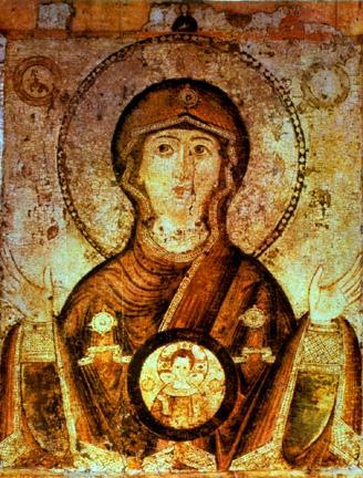 This is an icon. An icon is a religious painting created during the Byzantine period. It was usually a portrait of a saint or the Virgin Mary.