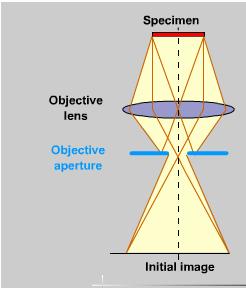 Objective aperture The objective aperture is placed in the back focal plane of the image.