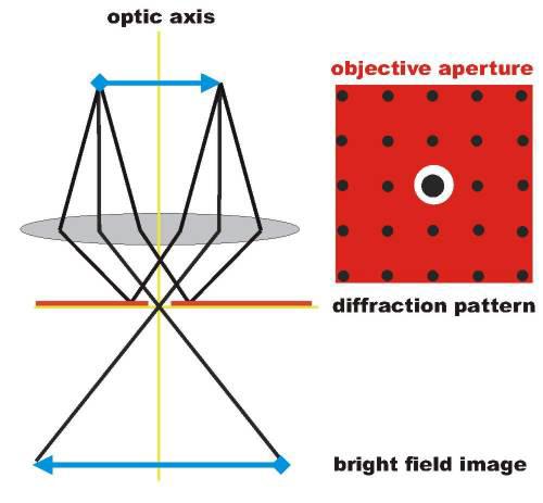 Bright field mode (BF) In the bright field (BF) mode of the TEM, an aperture is placed in the back focal plane (BFP) of the objective lens which allows only the direct beam to pass.