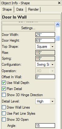 In the Object Info palette (shown at center), adjust the new door s settings: Change the Door Width to 2 6 Change the Door Height to 6 8 Change the Open Angle to 15, and then press Enter to