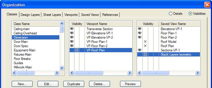 Adjusting dimension visibility in multiple viewports and saved views Next, you use the Organization dialog box to simultaneously edit multiple viewports and saved views to hide the dimension objects.