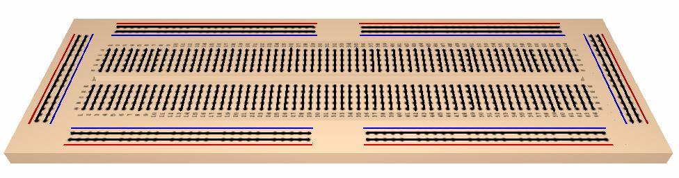 The long rows of connected holes are typically used as bus lines such as +5 V or the ground; in many experiments, they are connected to the power supply.