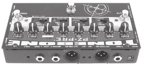 FEATURES AND FUNCTIONS - REAR PANEL 22 23 24 25 26 27 28 29 22. PZB-2: Recessed switch activates piezo buffer for input-2. 23. LOOP SEND & RETURN: The built-in effects loop uses ¼ jacks to connect effect pedals.