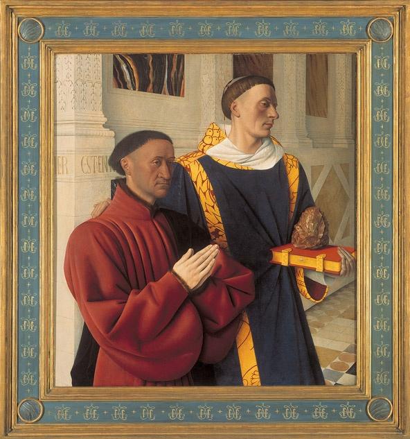 Artist: Jean Fouquet Title: Étienne Chevalier and Saint Stephen Medium: Oil on wood panel Size: 36 ½ X 33½" (92.7 X 85.5 cm) Date: c.