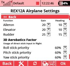 4.1.1 Airplane model settings optimization In the Airplane Settings menu in the REX A configuration you can fine- tune the stabilization gains for individual axes.