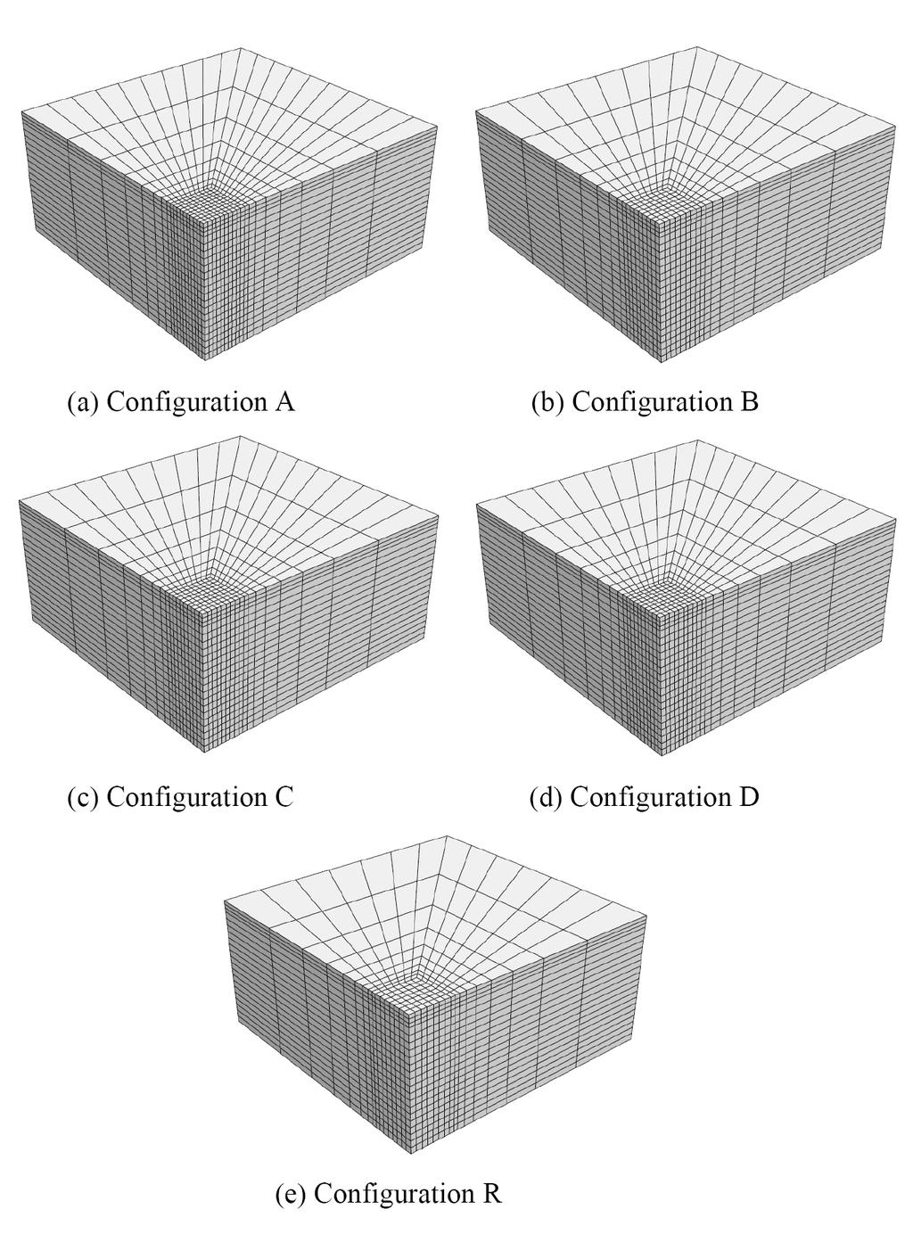Figure 8 shows the patterns of the grid for the different pile configurations and the shell structural elements representing the raft and the pile structural elements. Figure 8.