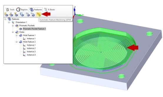With a single button click machining features on the entire part model will be detected. 2.
