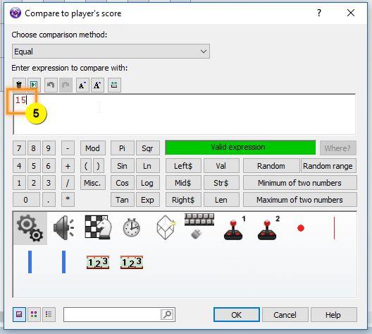 Create a new condition. 3. In the new condition dialog box, right-click on the Player 1 object. 4. Click Compare to player's score. 5. Type 15 in the Compare to player's score box, and then click OK.