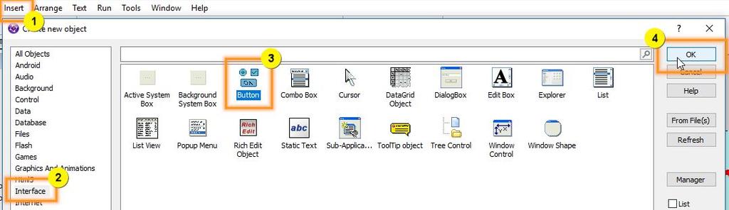 On the main toolbar, choose Insert >New Object. 2. Choose Interface in the list on the left. 3.